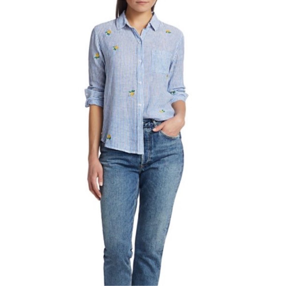 Rails L Charli Blue White Vertical Stripes Yellow Green Embroidered Roses Shirt - Picture 8 of 15